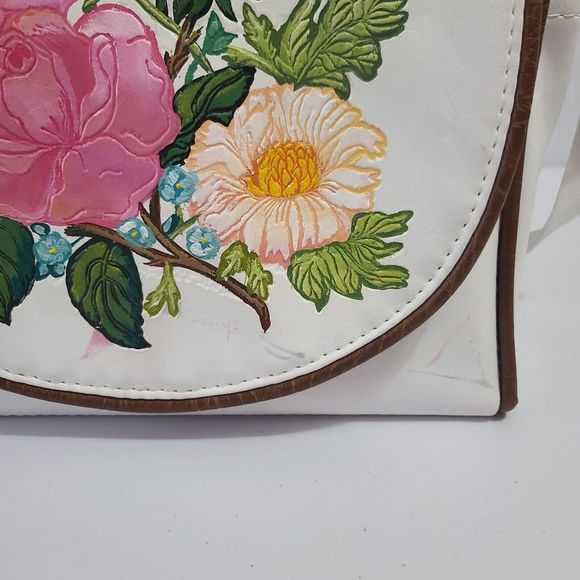 Vintage The Original Florida Keys Embossed Leather Shoulder Handbag Floral White - Picture 6 of 16